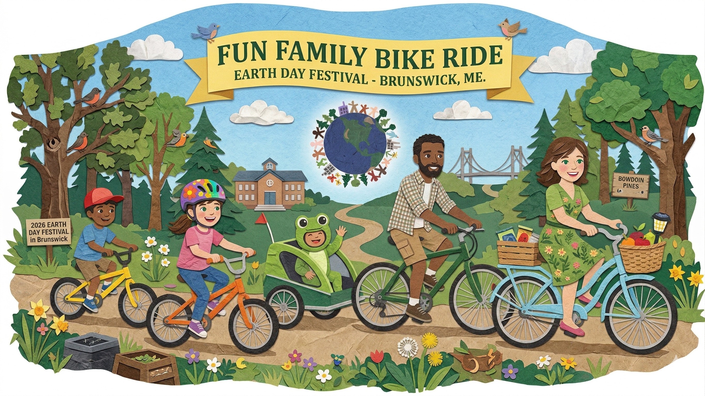 Earth Day Festival Fun Bike Ride graphic: community group ride led by the Bicycle Coalition of Maine and local cycling volunteers, beginning and ending at Harriet Beecher Stowe Elementary School in Brunswick