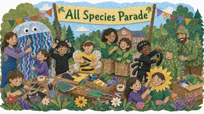 Make your own creature costume: art for homemade masks, craft supplies, and natural-world dress-up for the All Species Parade at the Earth Day Festival.