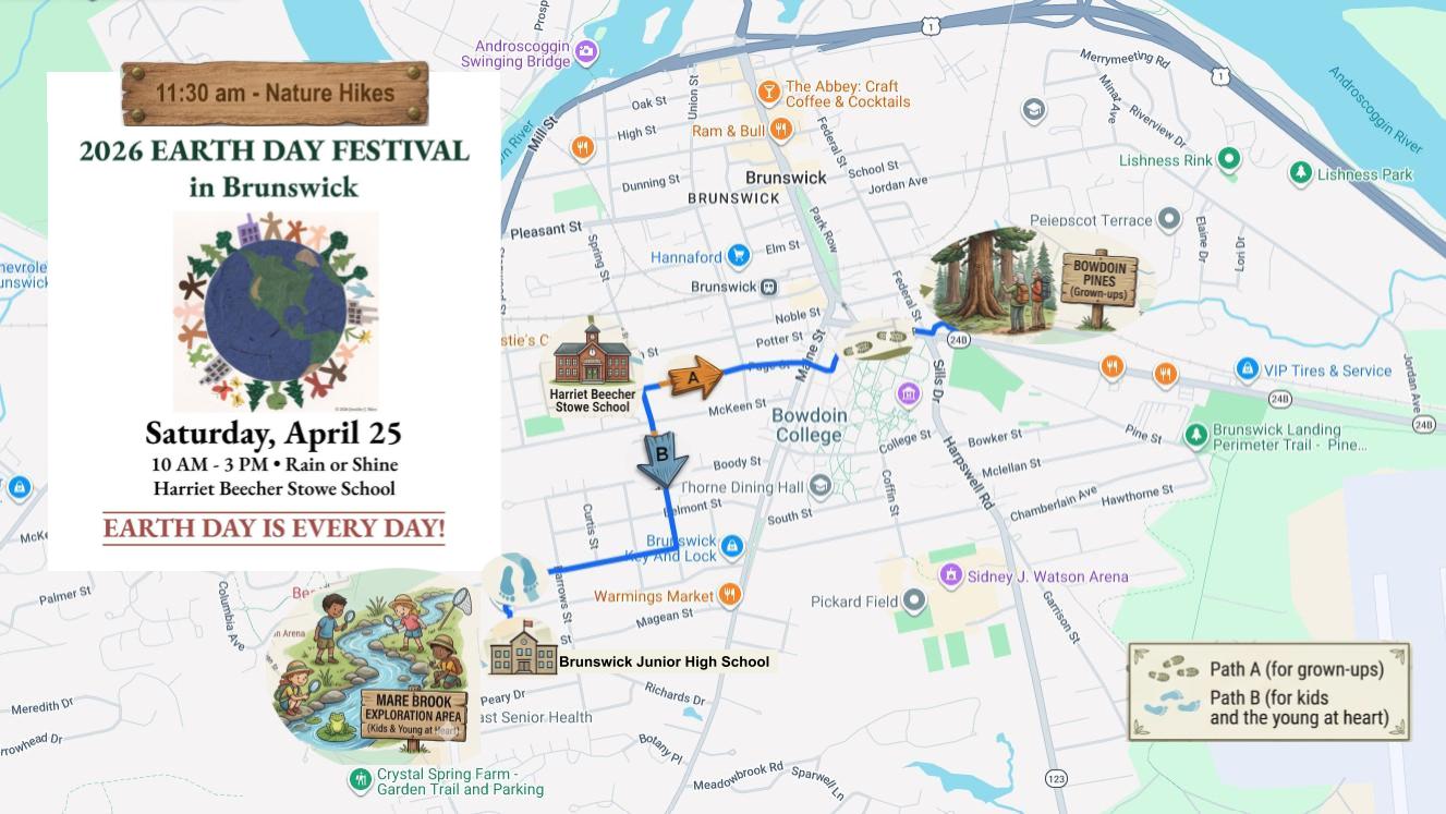 Map of Nature Hike A toward Bowdoin College forest and Nature Hike B along Mare Brook near the junior high, both starting and ending at Harriet Beecher Stowe Elementary School