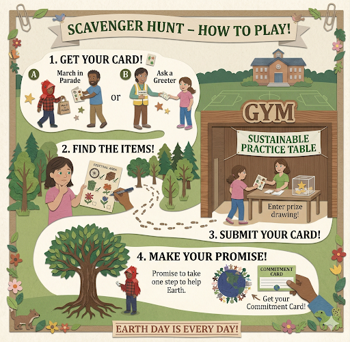 Earth Day Festival scavenger hunt graphic with card and clues for exploring activities at the festival.