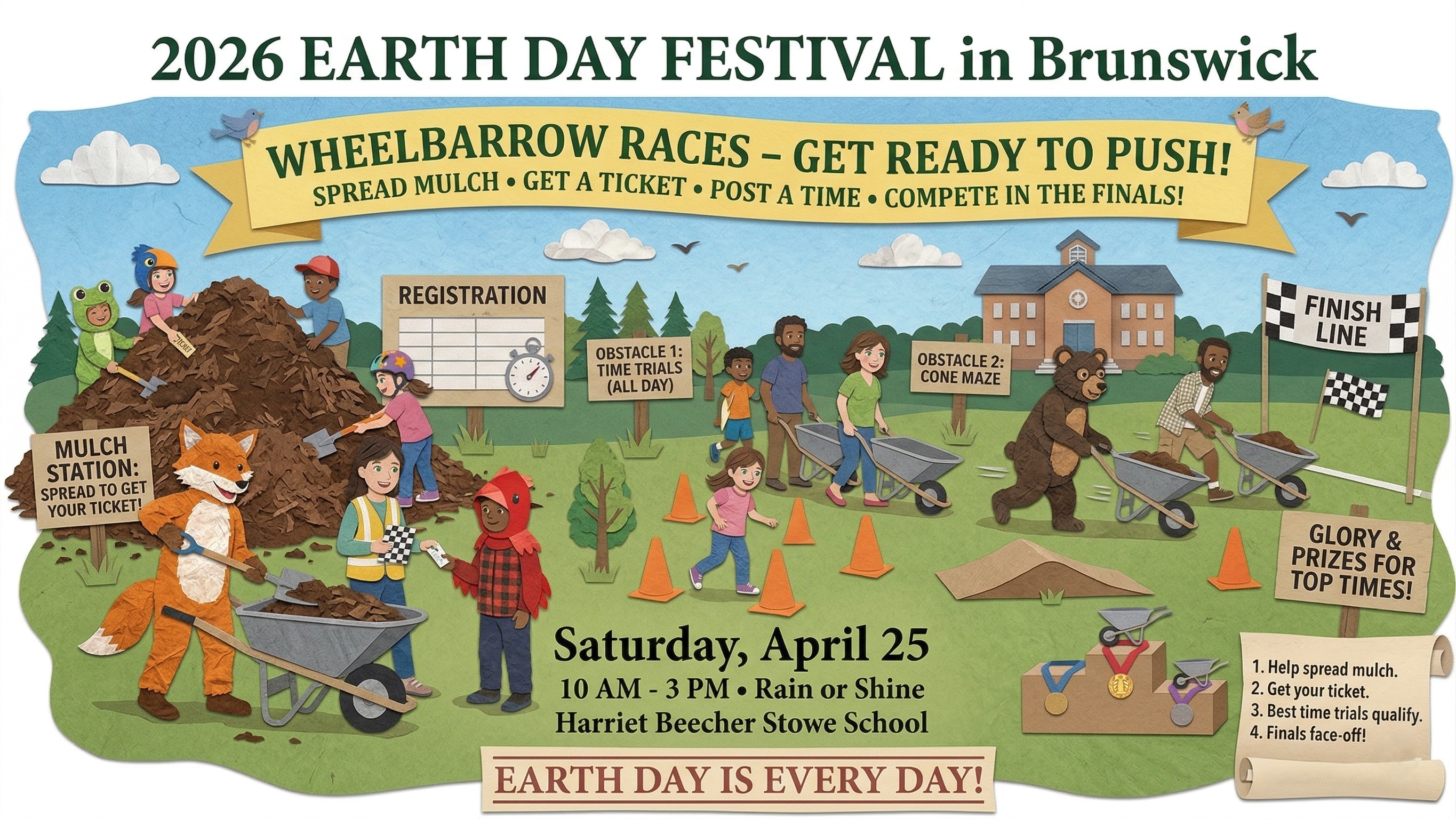 Earth Day Festival wheelbarrow races: community members push wheelbarrows on an obstacle course on the field at Harriet Beecher Stowe Elementary School in Brunswick