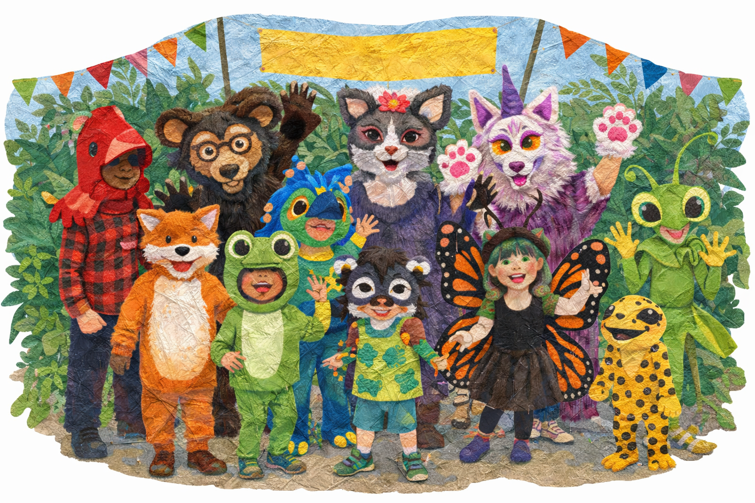 Illustration of the All Species Parade with people and creatures marching together