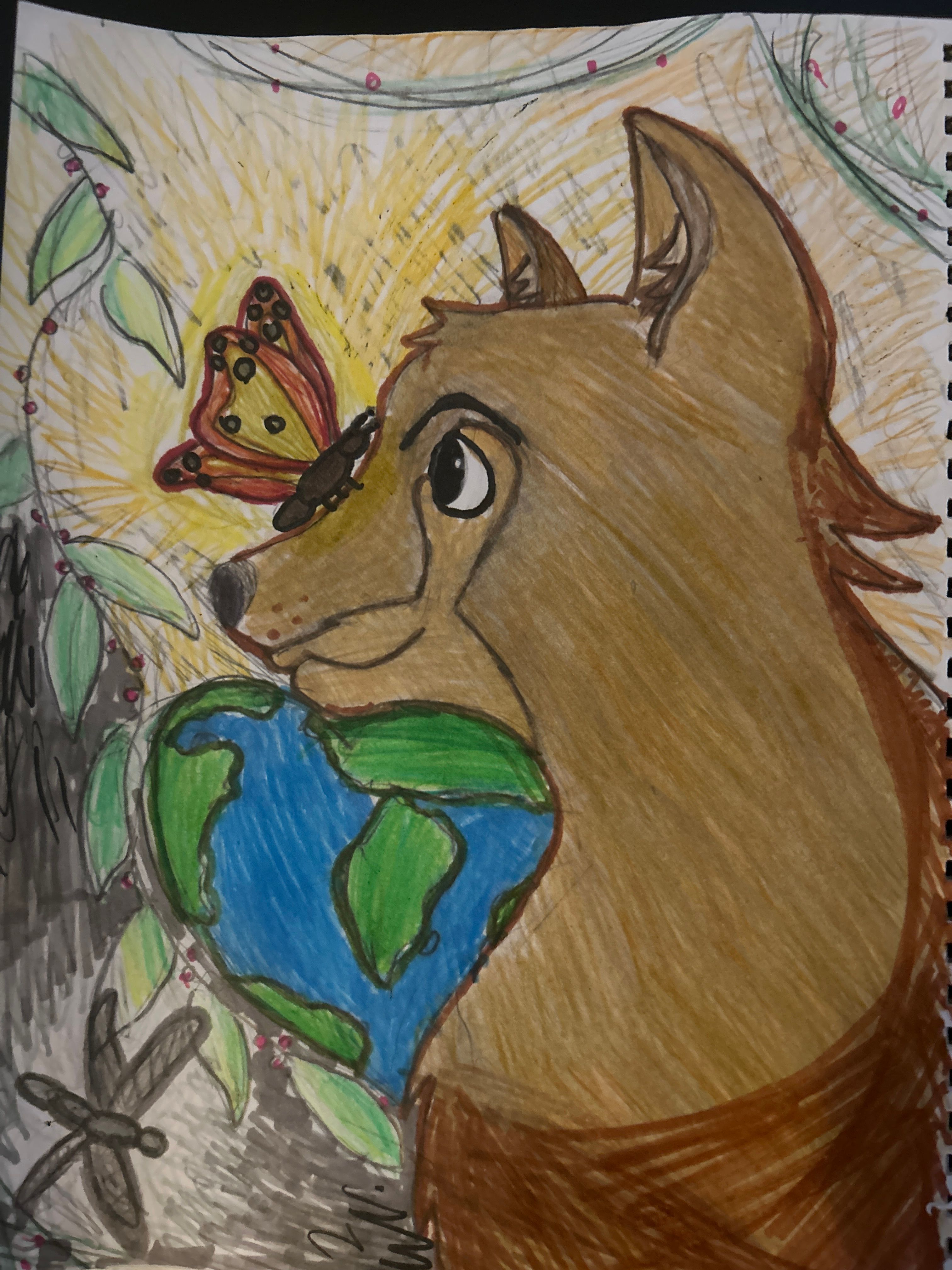 Earth Coyote by Terrianne Demmons — a drawing of a coyote cradling the Earth with a butterfly on its nose, surrounded by leaves and sunshine