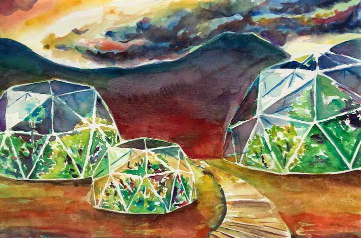Take the Road to Redemption by Molly Gerding — a watercolor painting of geodesic domes filled with greenery against a dramatic sky