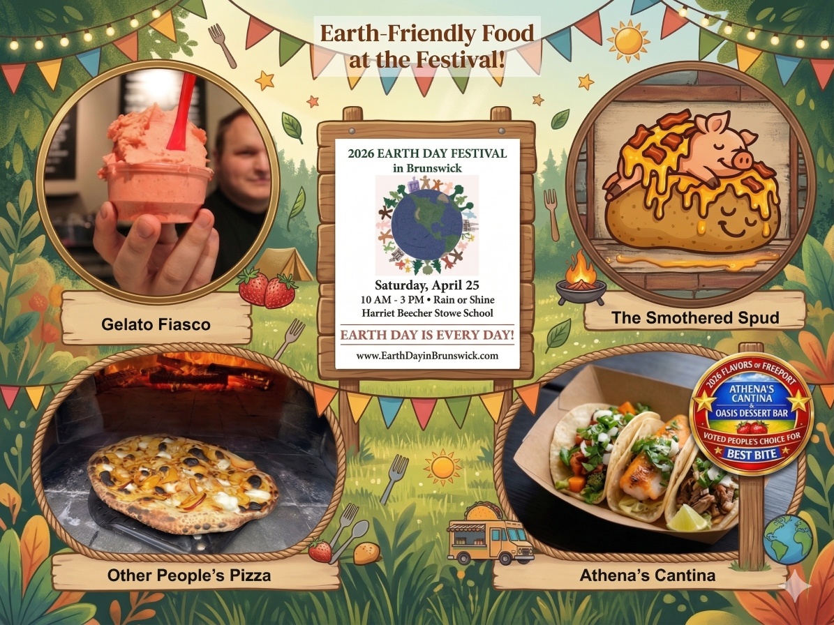 Food trucks and visitors at an outdoor Earth Day community festival
