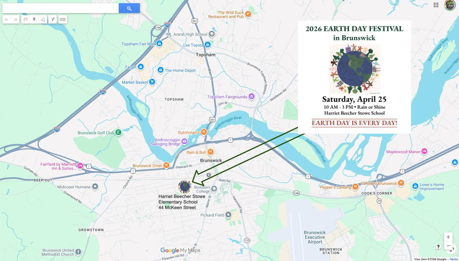 Map showing where the Earth Day Festival is in Brunswick.