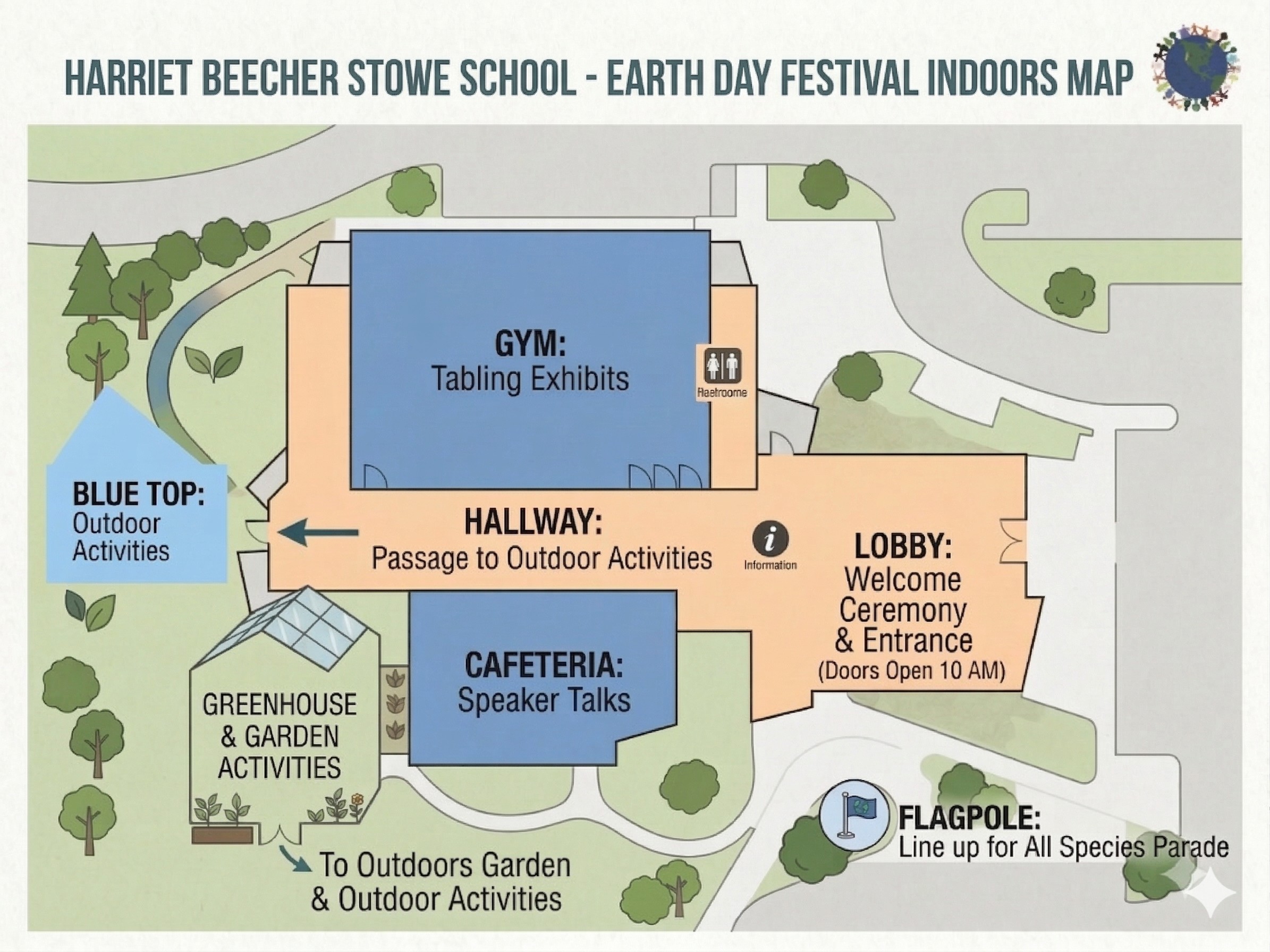 Indoor map for the festival at Harriet Beecher Stowe Elementary School.