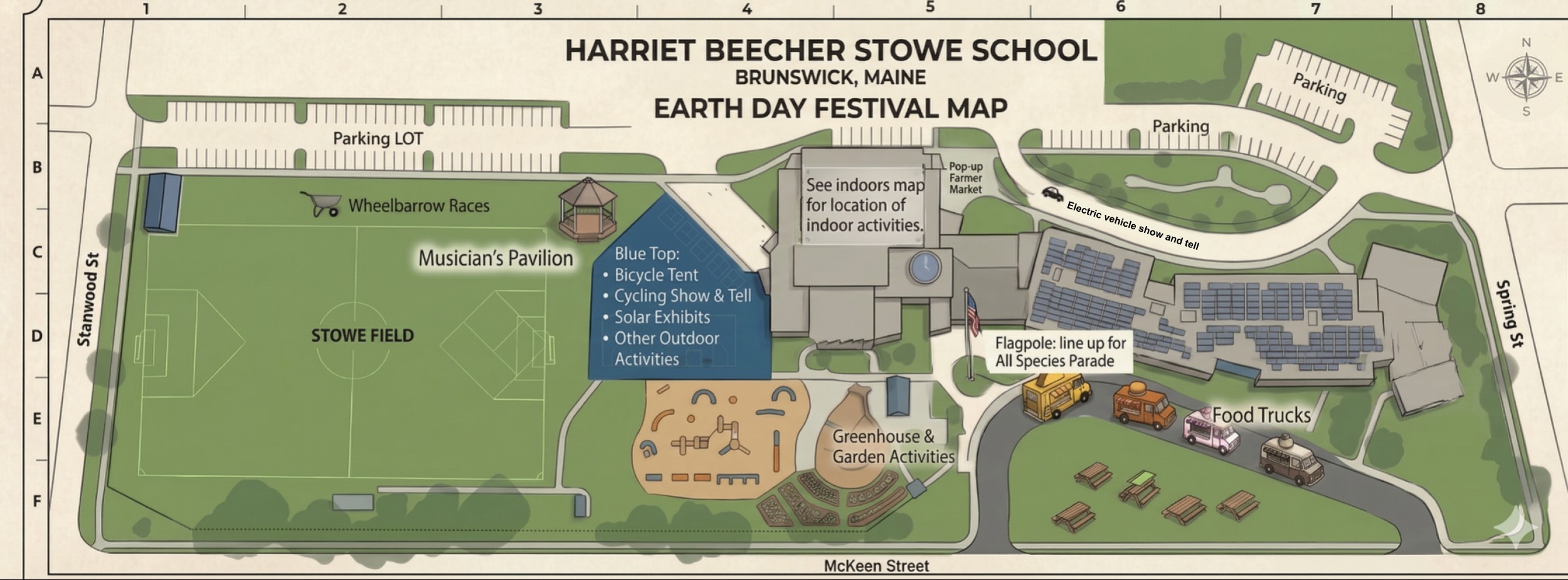 Outdoor grounds map for the festival at Harriet Beecher Stowe Elementary School.