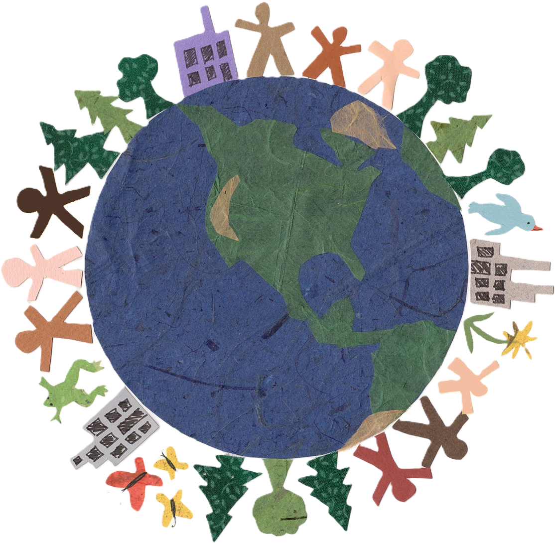 Paper collage globe by Jennifer Merz: Earth encircled by diverse people, trees, animals, buildings, and butterflies