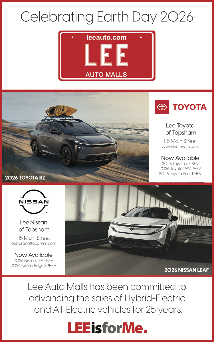 Lee Auto Malls full-page Earth Day 2026 advertisement with Toyota and Nissan electric vehicles, from the printed Festival Program.