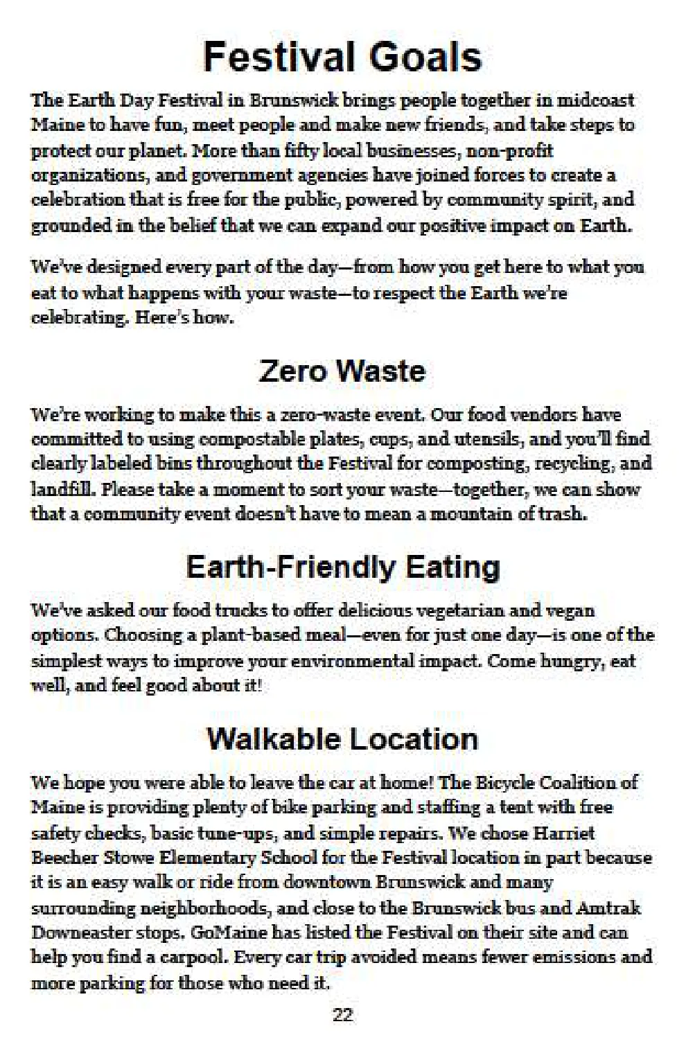 Festival Program page 22: Festival goals including zero waste, earth-friendly eating, and walkable location.