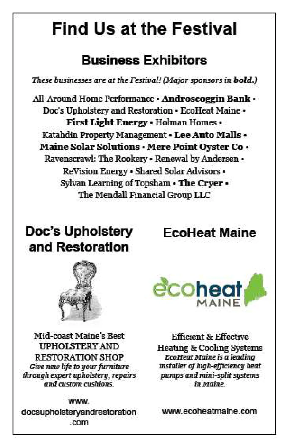 Festival Program page 26: Business exhibitors list plus Doc's Upholstery and EcoHeat Maine ads.