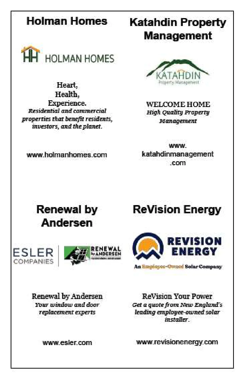 Festival Program page 27: Holman Homes, Katahdin Property Management, Renewal by Andersen, and ReVision Energy ads.