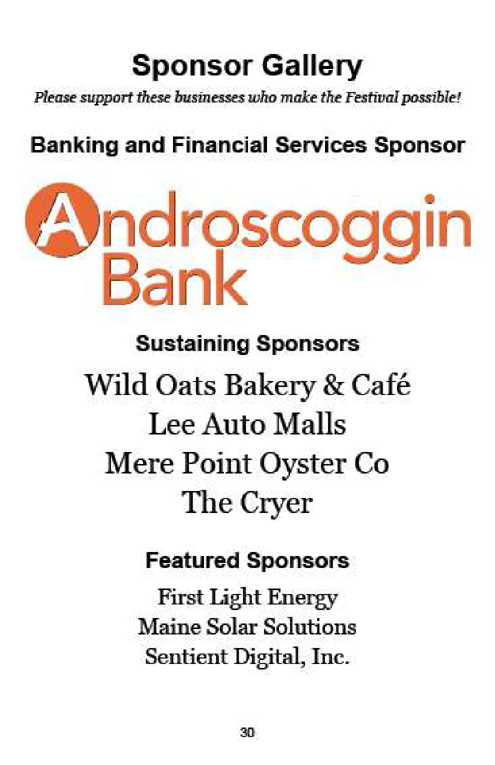 Festival Program page 30: Sponsor gallery with Androscoggin Bank category sponsor, sustaining sponsors, and featured sponsors.
