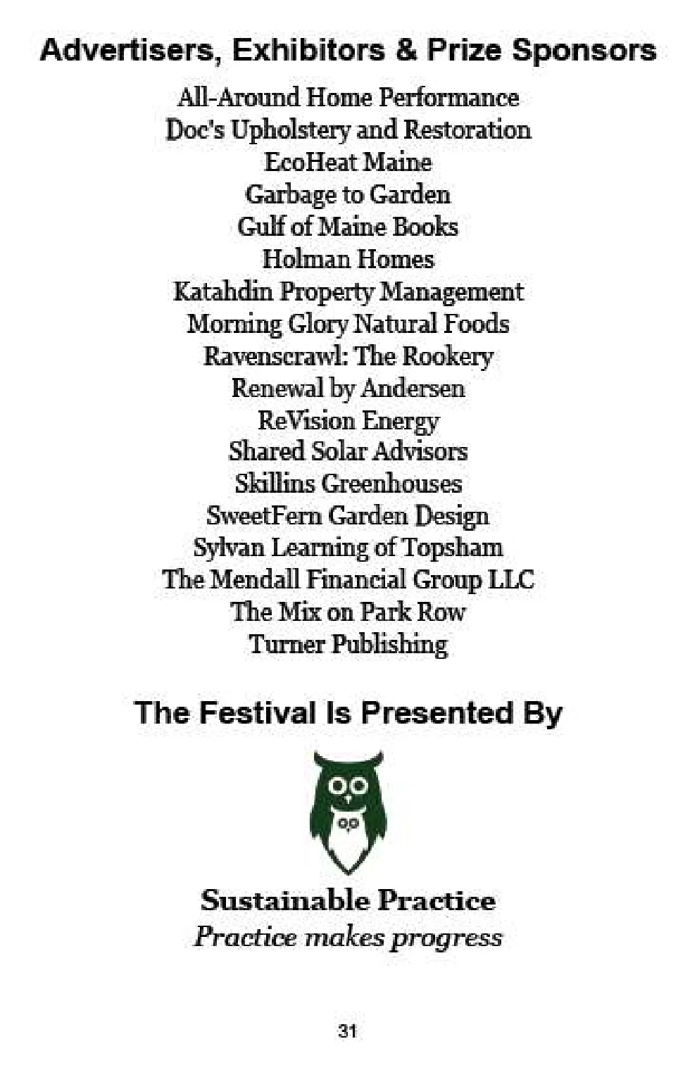 Festival Program page 31: Advertisers, exhibitors, and prize sponsors list plus Sustainable Practice presenter block.